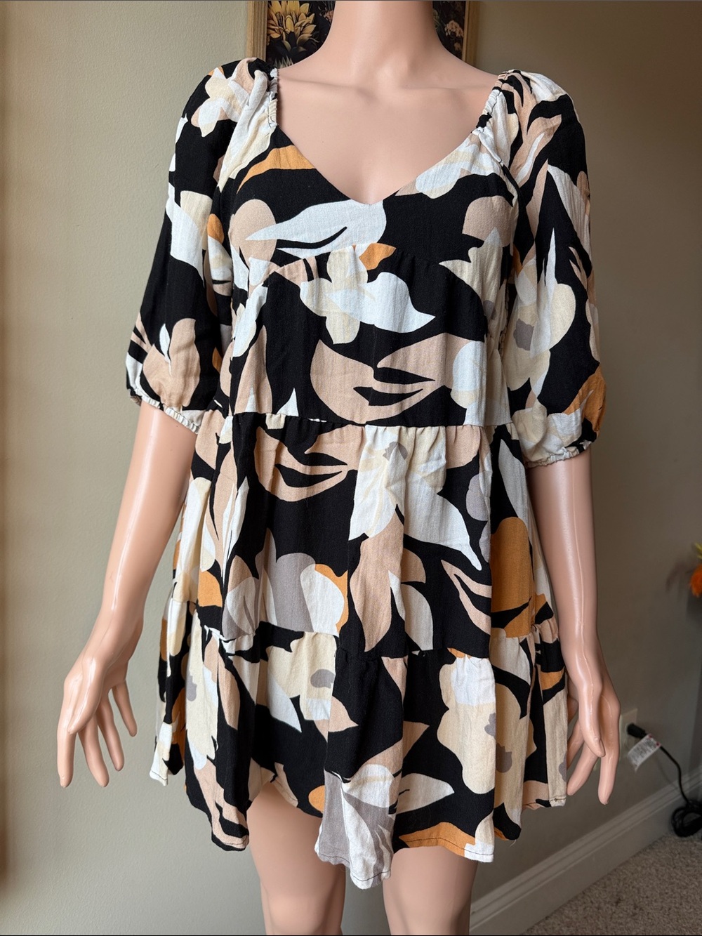 Impressions Black Multi Floral Tiered V-Neck Tunic